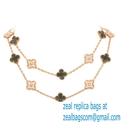 Van Cleef & Arpels Onyx Vintage Alhambra Necklace black with pink gold diamonds